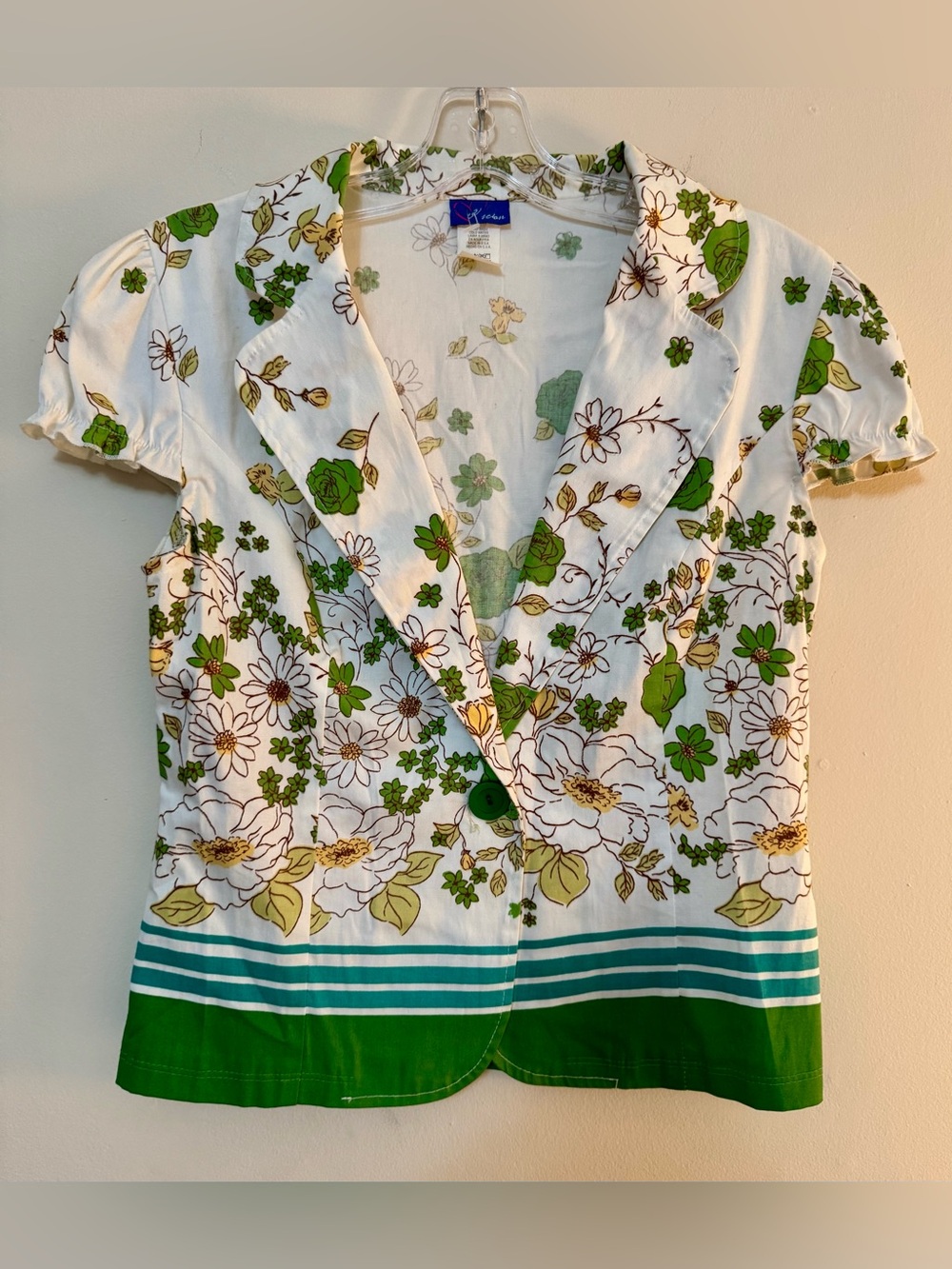 Vintage Y2K NWOT Green & White Floral Puff Sleeve Short Jacket Cotton Stretch M